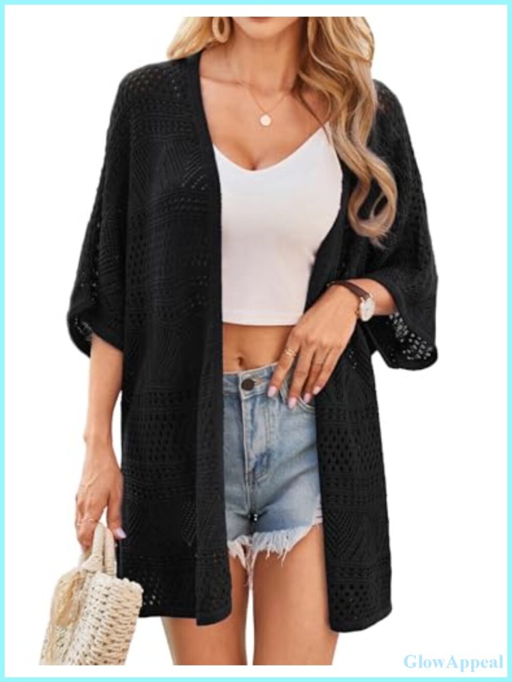 Lightweight Crochet Knit Kimono Cardigan Short Sleeve Summer Sweater